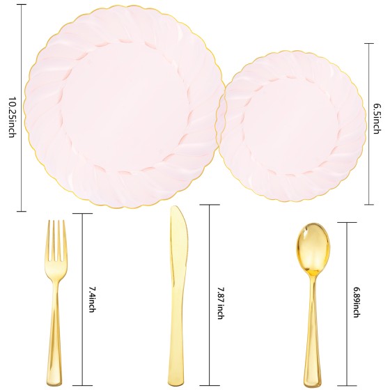 YOUBET 125Pieces Clear Pink Plastic Plates with Gold Rim - Gold Plastic Silverware Include 25 Dinner Plates 25 Dessert Plates 75 Golden Silverwares for Wedding Birthday & Parties