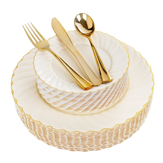 YOUBET 125PCS Scalloped Plastic Plates - Ivory Scalloped Disposable Plates - Gold Plastic Dinnerware Set Include 50 Plates, 75 Gold Silverware for Party & Wedding & Thanksgiving