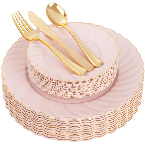 YOUBET 125Piece Pink Plastic Plates with Gold Rim – Scalloped Plastic Plates Set Includes 25 Dinner, 25 Dessert Plate, 75 Gold Silverware for 25Geusts for Wedding Birthday Parties & Baby Shower