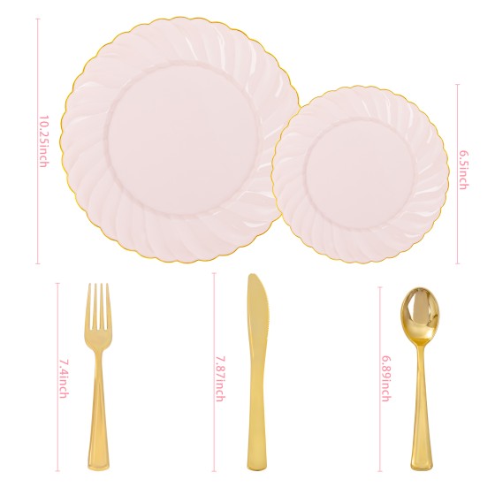 YOUBET 125Piece Pink Plastic Plates with Gold Rim – Scalloped Plastic Plates Set Includes 25 Dinner, 25 Dessert Plate, 75 Gold Silverware for 25Geusts for Wedding Birthday Parties & Baby Shower