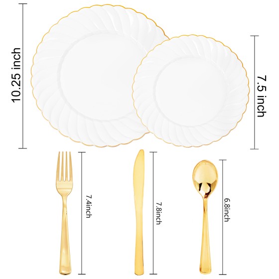 YOUBET 125PCS White Plastic Plates with Gold Rim, Gold Plates Disposable with Golden Silverware Include 25 Dinner Plate 25 Dessert Plate 25 Forks 25 Knives 25 Spoons For Wedding, Parties Thanksgiving