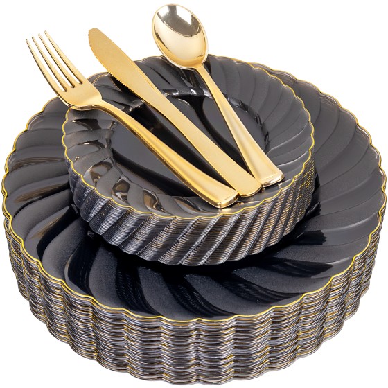 YOUBET 125PCS Clear Black Plastic Plates - Black and Gold Disposable Plates Include 50 Plate, 75 Silverware for Wedding & Party & Birthday & Halloween