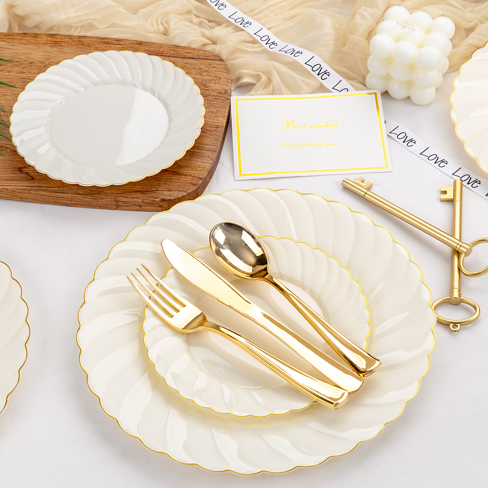 Beige Gold Foil Plastic Dinnerware Set | One-Stop Solution for 25-Person Parties, Instantly Elevate Wedding & Party Elegance